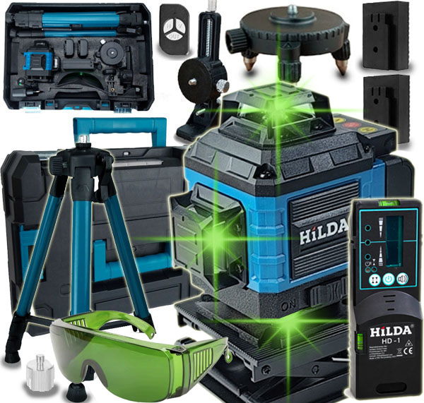 Hilda Poziomica 4D Laser Krzyżowy  2 Aku Statyw + Odbiornik