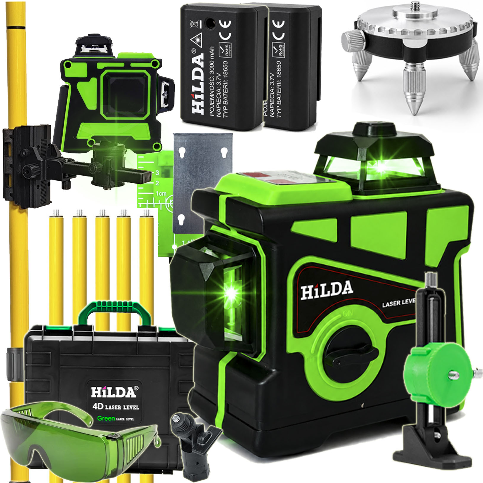 POZIOMICA LASEROWA LASER HILDA 3D 12 LINII PRO LASER KRZYŻOWY TYCZKA 420 cm BLOKADA WAHADŁA