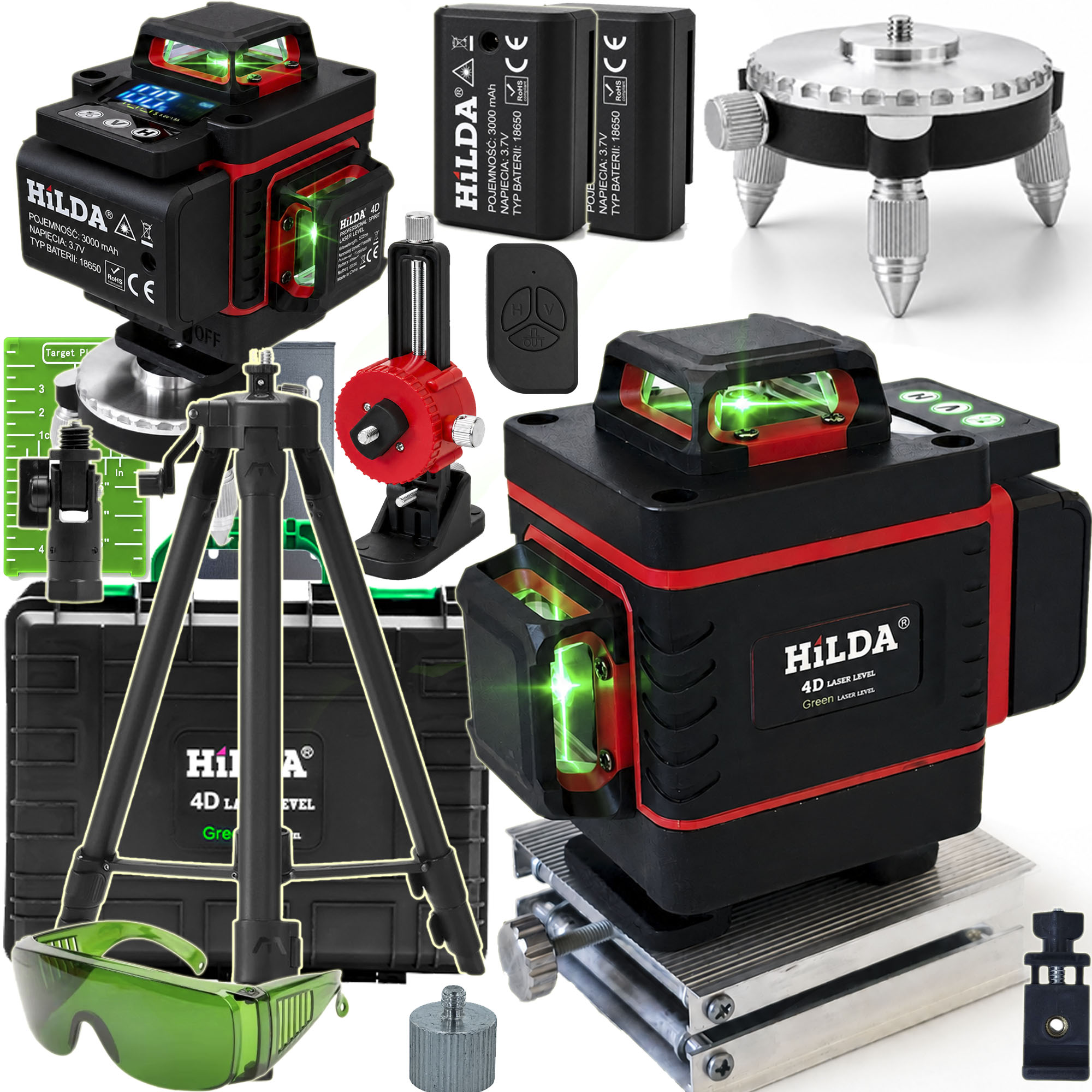 4D MAX + Statyw 1,6 m HILDA Poziomica Laserowa 16 Linii Laser Krzyżowy 360° 2 Akumulatory Blokada Wahadła