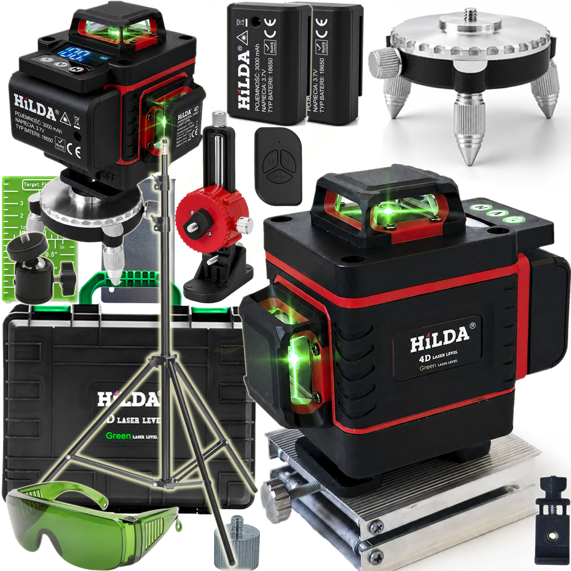 4D MAX + Statyw 2 m HILDA Poziomica Laserowa 16 Linii Laser Krzyżowy 360° 2 Akumulatory Blokada Wahadła