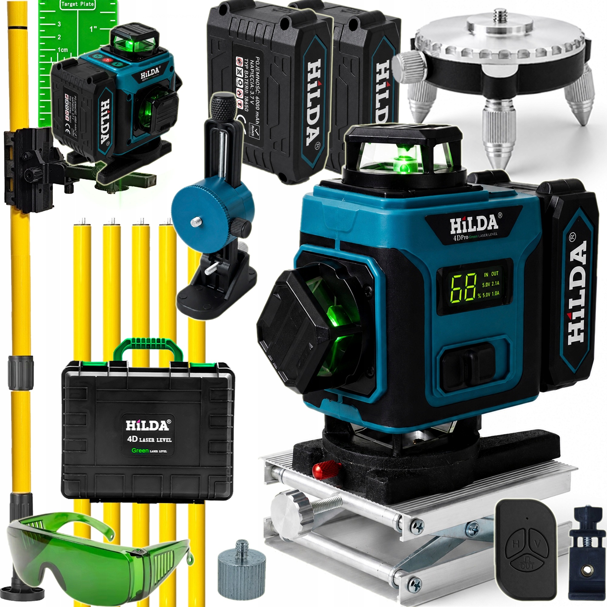 4D PRO + Tyczka 4.2 m HILDA Poziomica Laserowa 16 Linii Laser Krzyżowy 360°