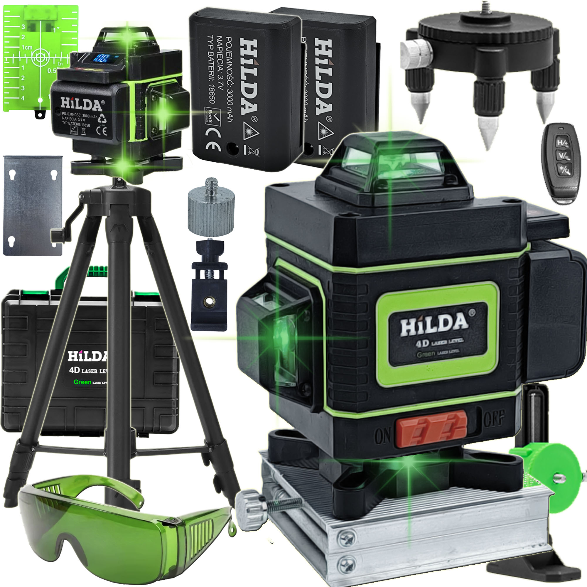 4D + STATYW 1.6 M Hilda Poziomica 4D Pro 16 Linii Statyw 1,6 Metra Laser Krzyżowy Samopoziomujący Poziomica 360